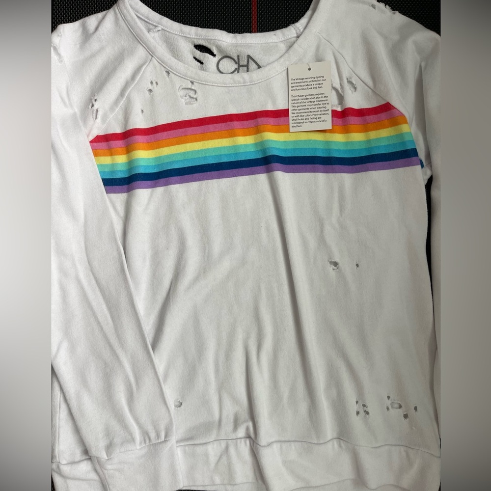 New Chaser Graphic Rainbow Stripe Distressed Sweatshirt